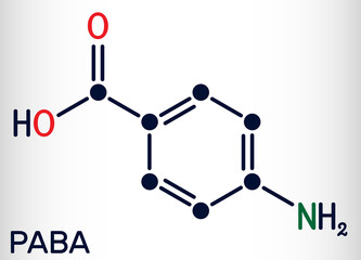 4-Aminobenzoic acid, p-Aminobenzoic acid,  PABA molecule. It is essential nutrient for some bacteria and member of vitamin B complex. Skeletal chemical formula