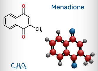 Menadione, menaphthone, provitamin molecule. It is called vitamin K3.  Structural chemical formula and molecule model
