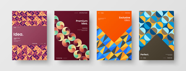 Fototapeta premium Company identity brochure template collection. Business presentation vector A4 vertical orientation front page mock up set. Corporate report cover abstract geometric illustration design layout bundle.