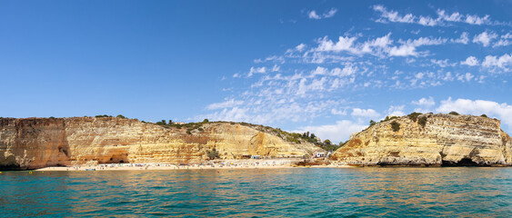 Fototapeta na wymiar Panoramic view of Vale de Centeanes Beach in Carvoeiro, Algarve, Portugal