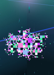 Glitch digital elements in pastel color with light neon bars effects, technology /digital error background