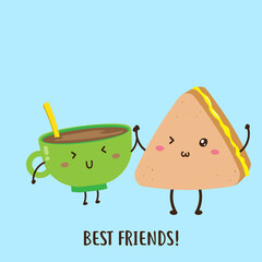 Cute happy cup of coffee and jam sandwich vector design