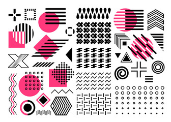 Memphis set, pink, purple, black geometric shape collection, abstract shapes, circles, zigzags, lines, waves, isolated on white background, design elements, seamless patterns - obrazy, fototapety, plakaty