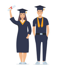 Couple of happy smiling graduates with diplomas. Man and woman graduated from university. Vector illustration isolated on white.