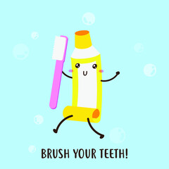 cute happy cartoon illustration toothpaste and tooth brush vector