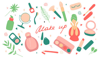 Make up and beauty symbols icon set. Female collection of different products accessoires for skin care and visage. Hand drawn flat vector illustration