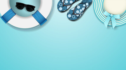 Summer beach accessories on a blue background, top view. Empty summer templates. Background for summer layouts © DDevicee