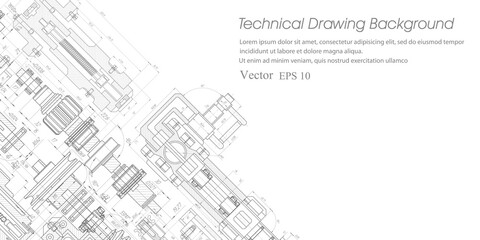 Obraz premium Technical drawing background . Drawing of a rotating gear mechanism . Vector engineering illustration. 