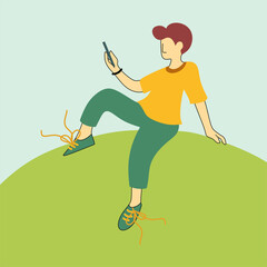 Boy Sitting with Smart phone, Guy Using Gadget for Playing Online Video Game or Chatting on Social Networks Vector Illustration