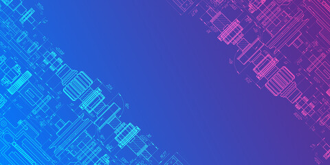 Engineering project.Technical drawing background . Drawing of a rotating gear mechanism . Vector  illustration.	