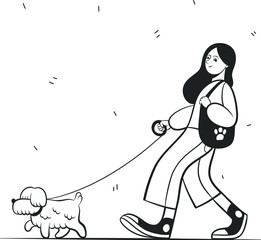 Dog walker. Girl with dog. Isolated sketch object. Flat vector illustration.