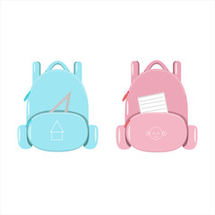 Blue and pink school bag or backpack on white background.