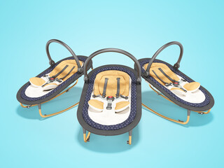 3d rendering group of portable cots for baby blue background with shadow