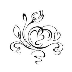 ornament 1224. decorative element with stylized flower Bud, leaves and swirls in black lines on a white background