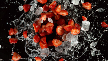 Freeze motion of strawberries with ice cubes and water