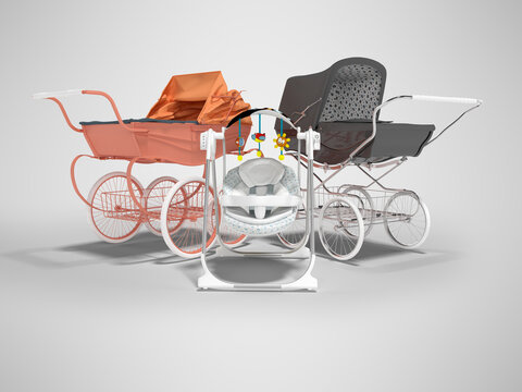 3D rendering set for sleeping baby, orange and black two baby strollers for walk and rocking chair with toys on gray background with shadow
