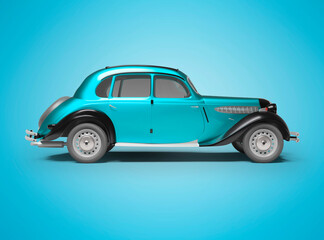 3D rendering classic retro car blue on blue background with shadow