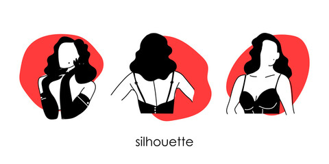 Female erotic silhouettes on a white background. The style of burlesque. Gestures of hands, feet, gloves on the hands. Nail stickers, wall stickers. Black line. Vector.