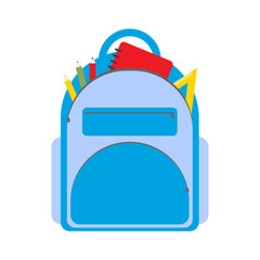 
School backpack in blue. Open vector bag with school stationery. Back to school.
