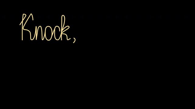 Self drawing hand written animation of Knock, knock. Visitor, quest concept. Black background.