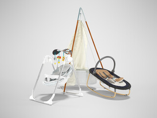 3D rendering set for sleeping baby, rocking crib and rocking chair with toys on gray background with shadow