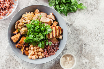Buddha bowl lunch with chicken and other