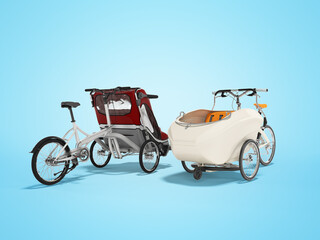 Fototapeta na wymiar 3d rendering set of white adult bicycle with stroller for children with an open top and closed top on blue background with shadow