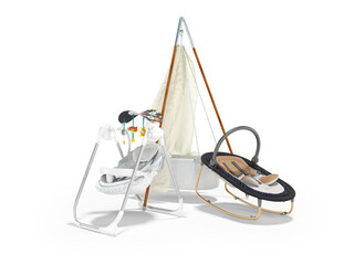 3D rendering set for sleeping baby, rocking crib and rocking chair with toys on white background with shadow