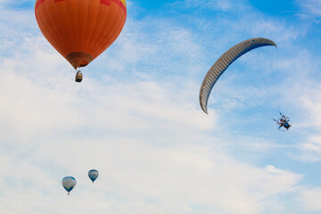 hot air balloon over blue sky. Composition of nature and blue sky background