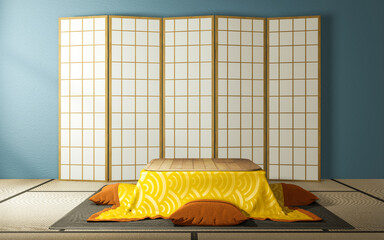 Japanese partition paper wooden design and kotatsu low table on mint living room tatami floor.3D rendering
