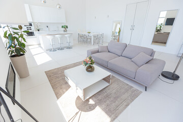 Cozy luxury modern interior design of a studio apartment in extra white colors with fashionable expensive furniture in a minimalist style. white tiled floor, kitchen, relaxation area and workplace
