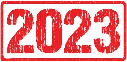 2023 Year Distressed Rough Numbers Sign Typography Isolated on White. Red Ink Grunge Rubber Stamp Imitation Effect