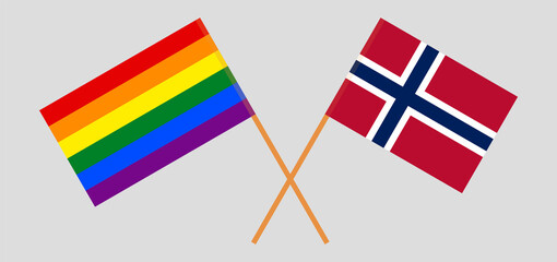 Crossed flags of LGBT and Norway. 