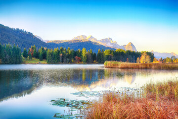 Awesome view of Wagenbruchsee (Geroldsee) lake with Zugspitze mountain range on background.