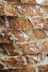 Stack of bread toast. Artisan bread. Close up. The bread of sourdough, homemade and natural creation. The sourdough has natural yeast, which makes the food healthier, as well as rich.