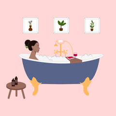 Young black woman in bath is relaxing with book and glass of wine. Everyday routine at home. Feminine life, home leisure and recreation activity. Flat illustration. Bathroom interior. 