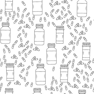 Medicine bottles, capsule, doodle, seamless 3