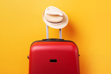 Suitcase with hat over yellow background minimal creative travel concept