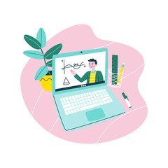 Vector illustration of a laptop showing a teacher giving a lecture online. E-learning, online education concept in trendy cartoon style.