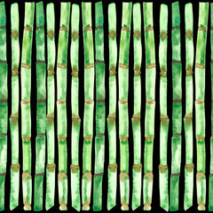 Watercolor nature tropical plant seamless pattern with green bamboo stems texture isolated on the black background for print design, wallpapers and textile