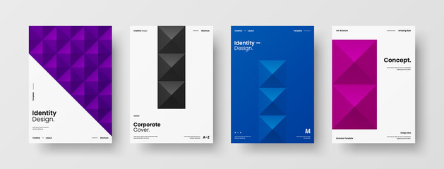 Company identity brochure template collection. Business presentation vector A4 vertical orientation front page mock up set. Corporate report cover abstract geometric illustration design layout bundle.