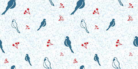 Christmas pattern with birds and berries on white and blue snow background - seamless, repeat pattern, good for wrapping paper design, packaging, fabric, banner, Christmas cards