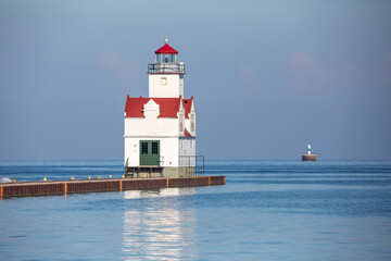 Kewaunee Pierhead Lighthouse in Kewaunee, Wisconsin on lake Michigan in July