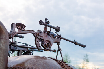 Gurivschina, Ukraine - July 04, 2020: Victoria film studio near Kiev. Film studio in the form of a castle with monsters, zombies car, hut and stranger.