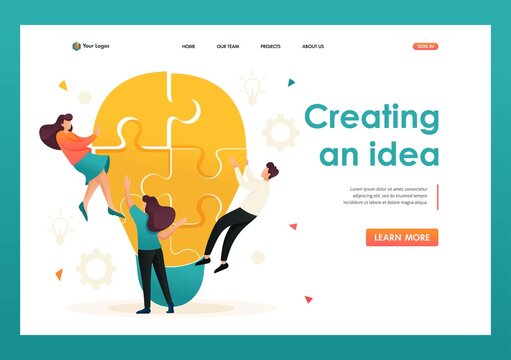 Young team Creates an idea, teamwork. Brainstorm business ideas. Flat 2D character. Landing page concepts and web design