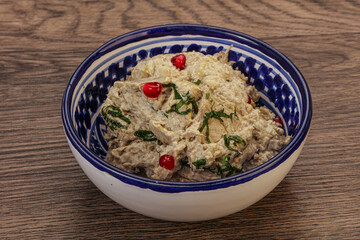 Vagan dietary cusine - mutabal with granet seeds