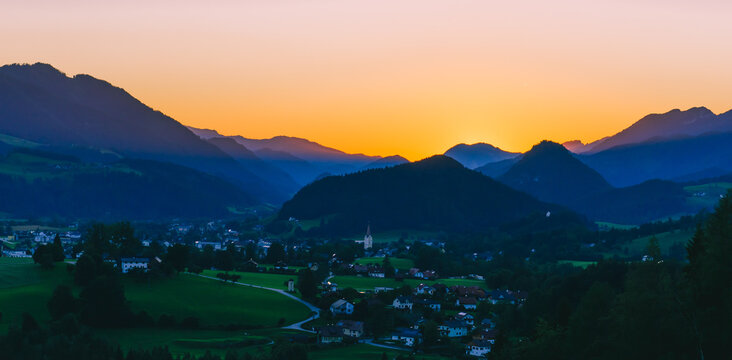 Sunset in Alpine city called Windischgarsten.