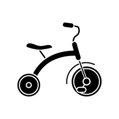 Tricycle black glyph icon. Trikes for toddlers. Children ride on equipment. Kids coordination and balance development. Silhouette symbol on white space. Vector isolated illustration