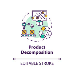 Product decomposition concept icon. Merchandise lifecycle. Sorting machinery. Product management idea thin line illustration. Vector isolated outline RGB color drawing. Editable stroke