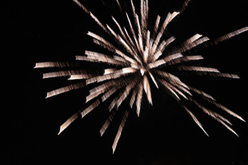 close up of a single burst of a crysanthemum rocket fireworks explosion glowing against the night sky from a new york city rooftop